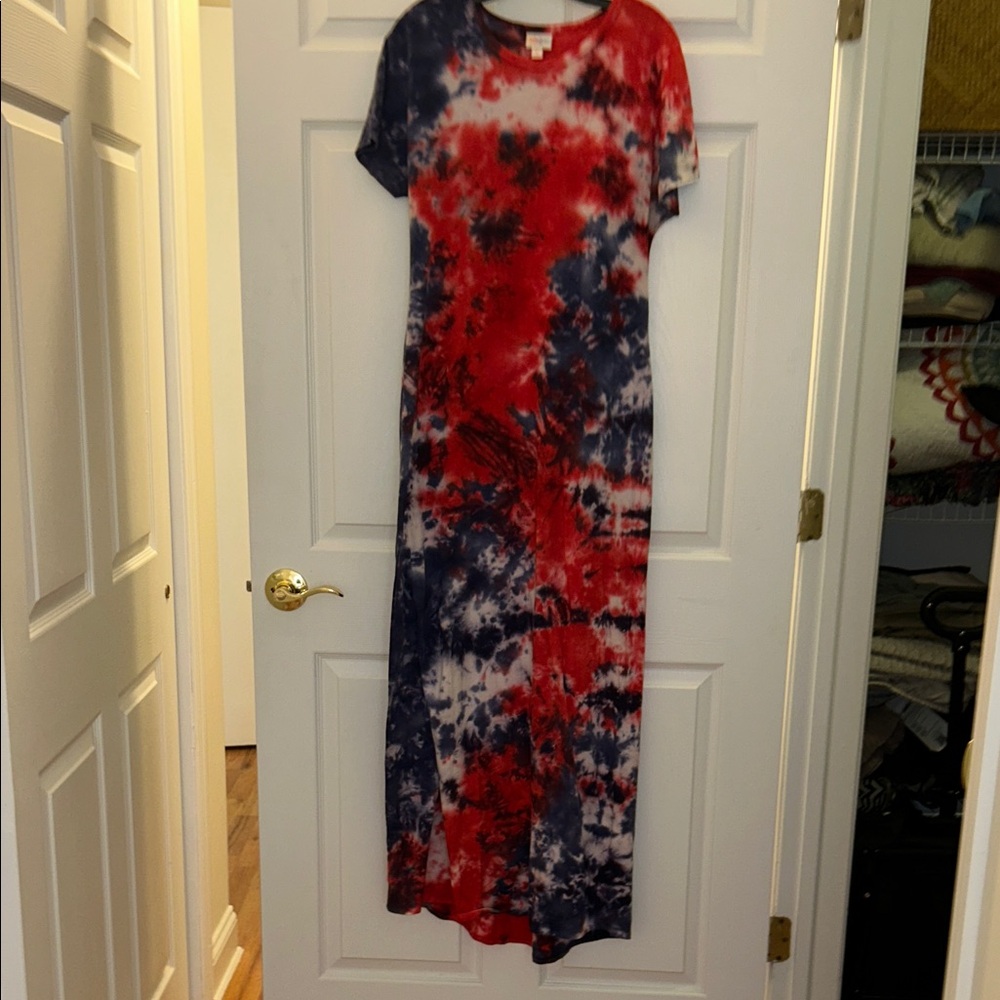 Lula Roe Tie-Dye Red & Navy Short-Sleeve Maxi Dress